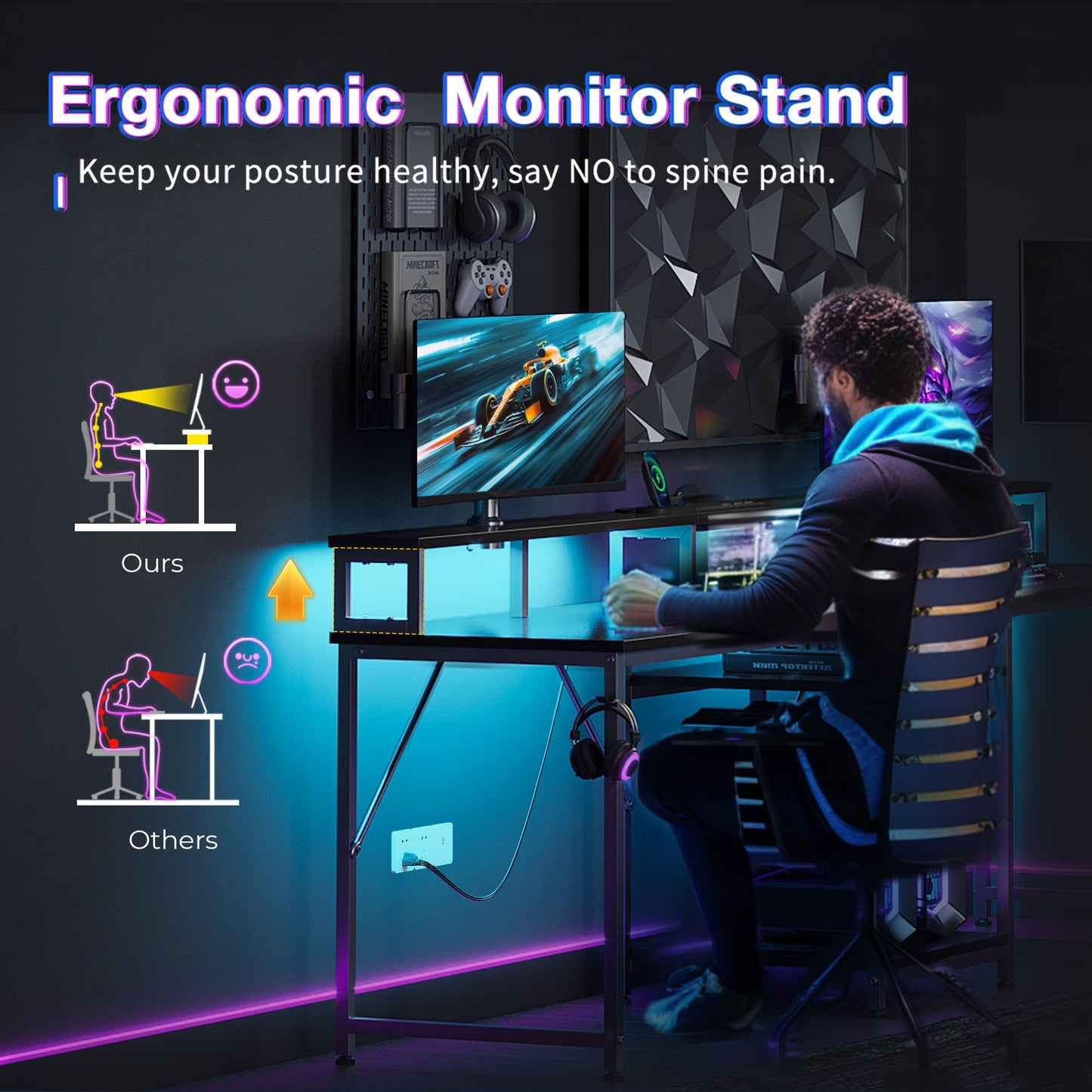 Sofanext 98" Computer Desk with USB Ports & Power Outlets, Large Gaming Desk with Display Stand & LED Strip, Storage Shelves for Home Office, Suitable for 2 People Use, Black
