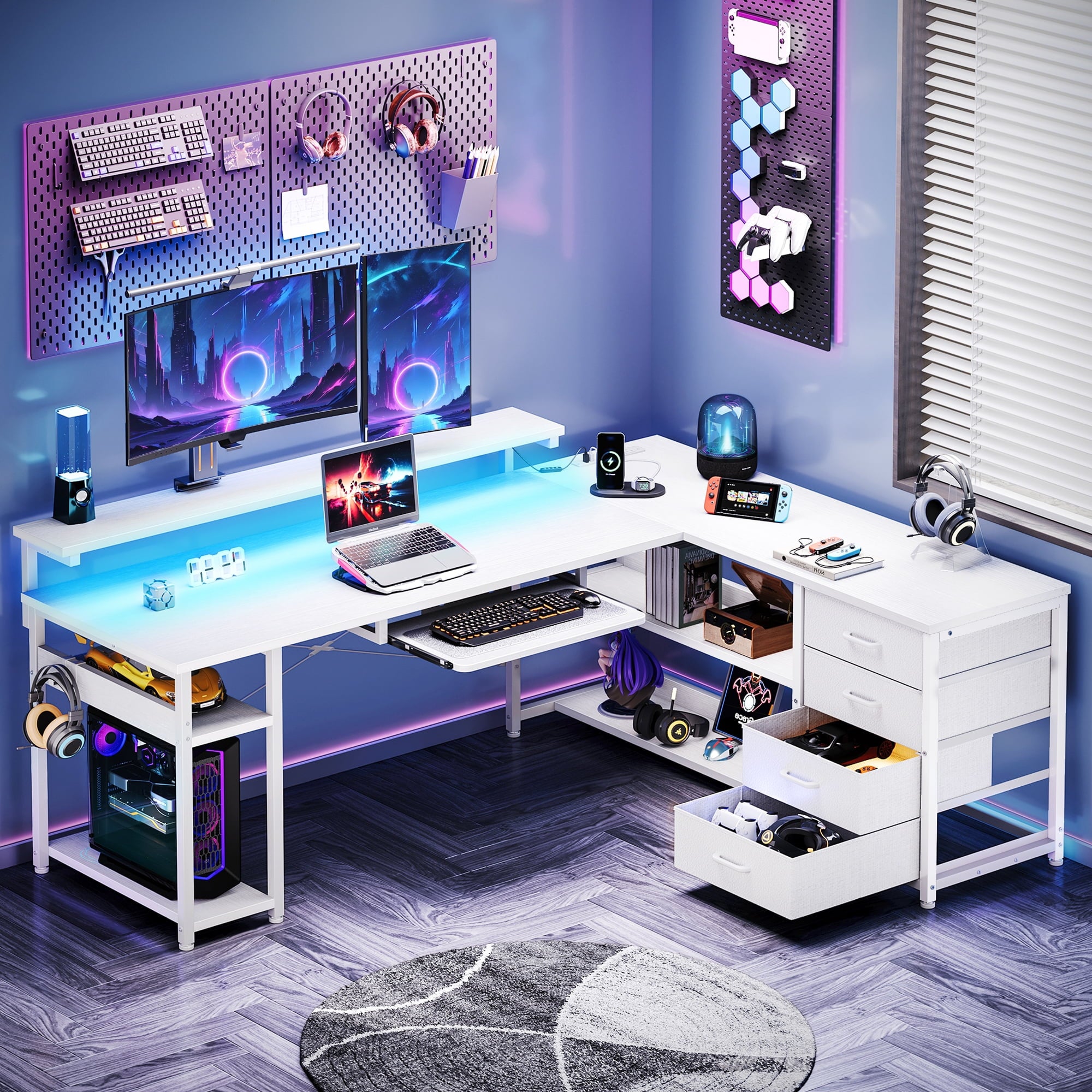 Sofanext 61 inch L Shaped Gaming Desk with 4 Drawers & Power Outlets, Home Office Desk with Adjustable Heights Monitor Stand & Keyboard Tray, Computer Desk with LED Light, Pure White