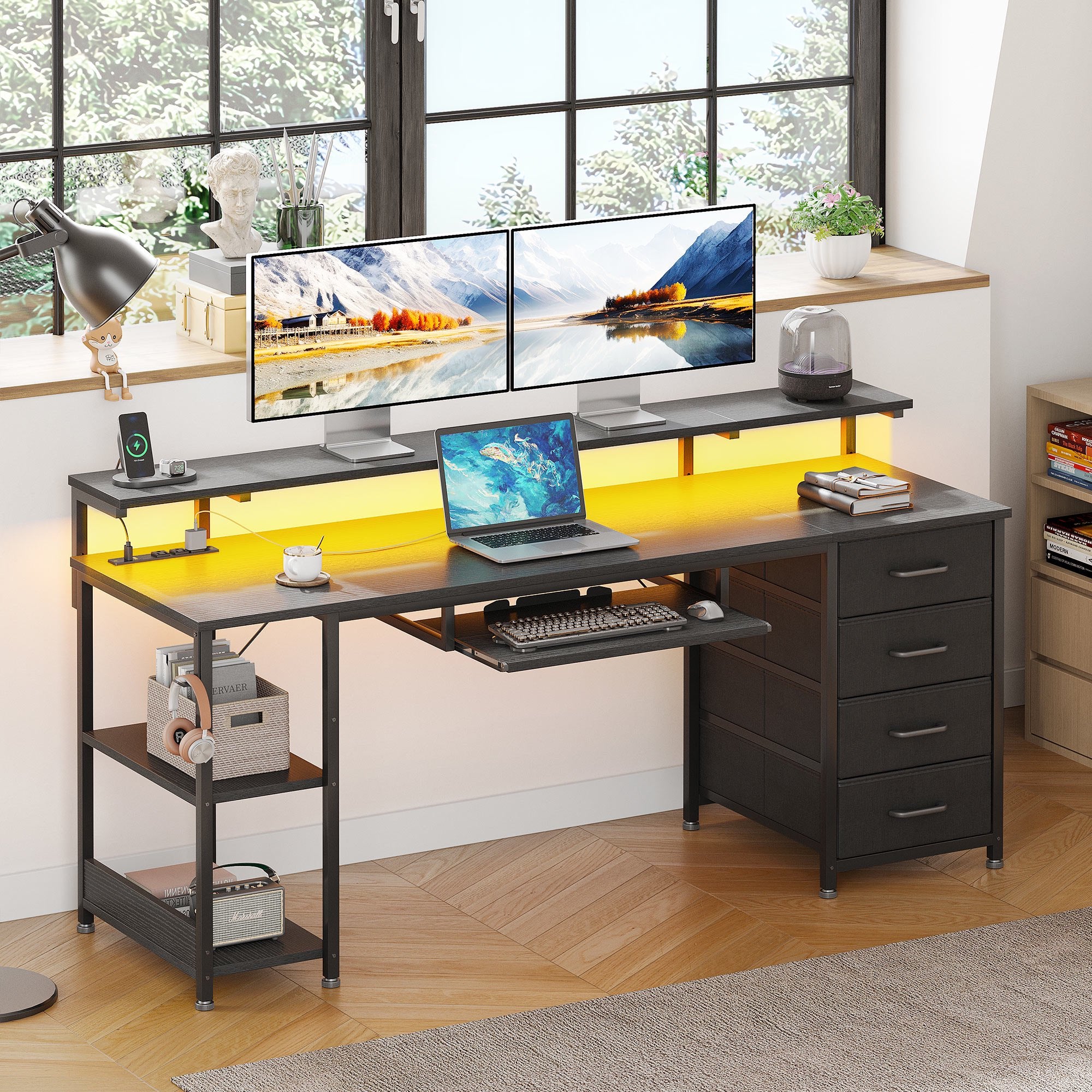 63 Inch Office Desk with Power Outlet and Adjustable Monitor Stand, Computer Desk with Fabric Drawer and Keyboard Tray, Gaming Desk with LED Light & PC Stand, Table for Bedroom with USB Ports, Black
