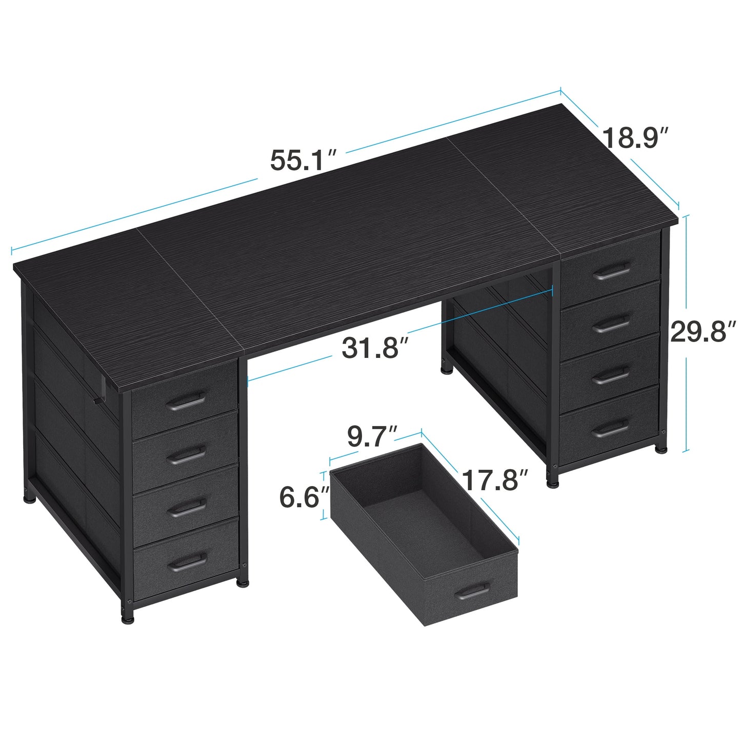 Black Computer Desk with Drawers for Storage - 55 inch Home Office Desk with 8 Fabric Drawers, Writing Study Desk with Drawers on Both Sides for Bedroom
