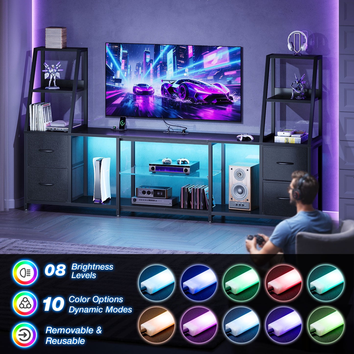 Sofanext TV Stand for up to 65 Inch TV, 87" Entertainment Center with Power Outlets & LED Lights, Modern Media Console with Glass Shelf & 4 Fabric Drawers for Living Room Bedroom, Black