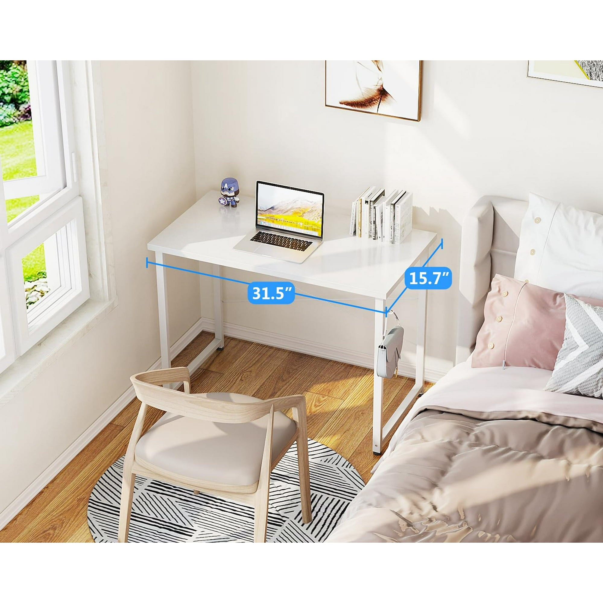 Sofanext 32 Inch Small Home Office Computer Desk, Student Writing Table for Small Spaces, Simple Modern Desk with Headphone Hooks, White