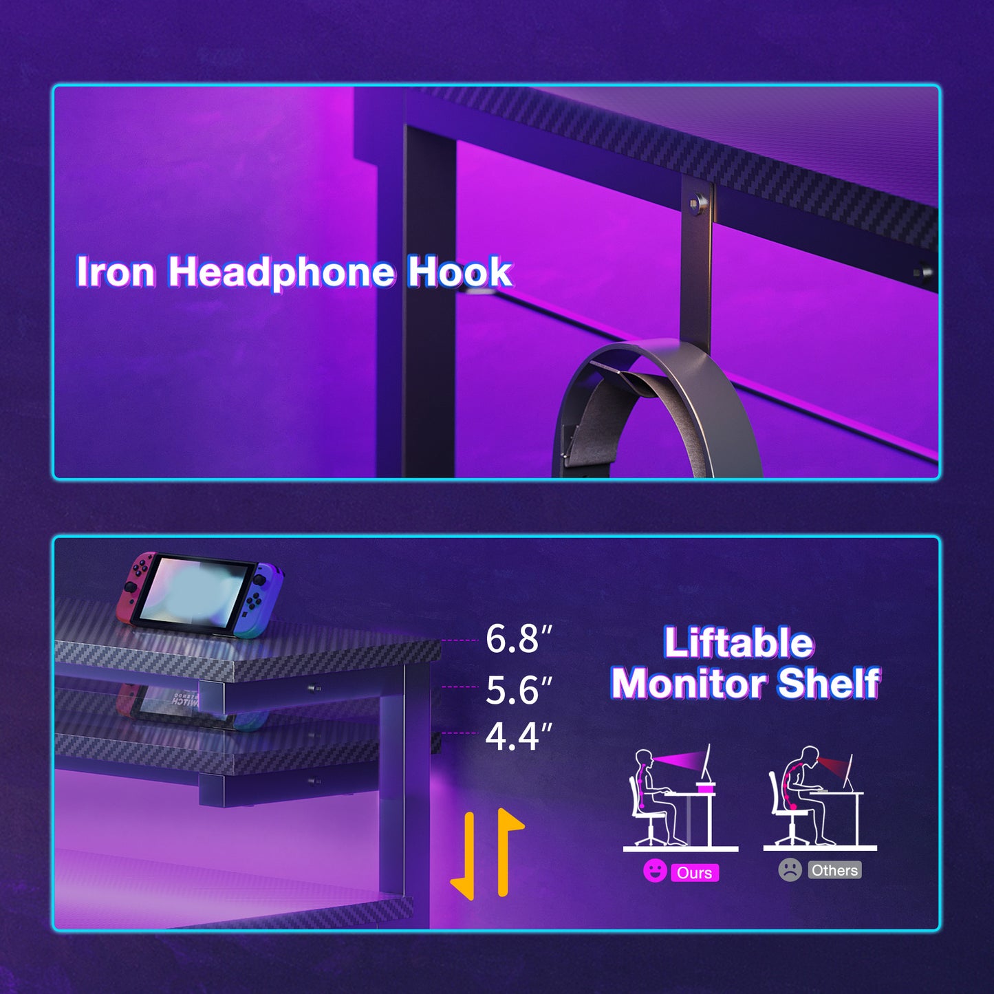 47-Inch Gaming Desk with LED Light & Power Outlets, Home Office Desk with Storage Shelf, Computer Desk with Monitor Stand, Black