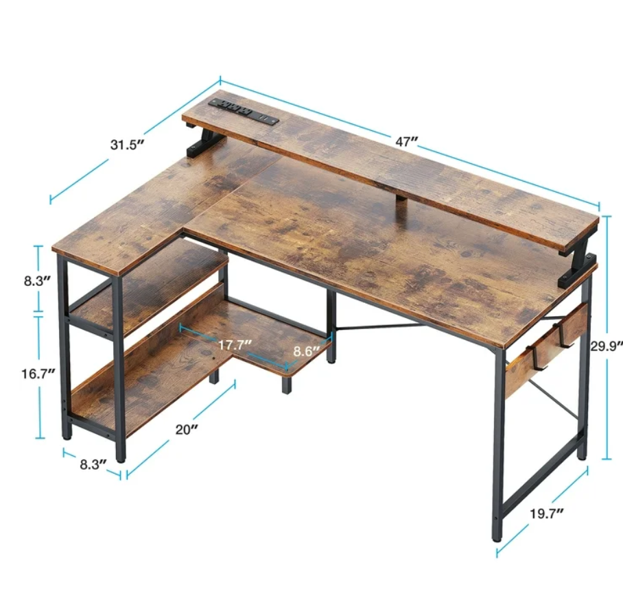 48 inch Reversible L Shaped Gaming Desk with LED Lights & Power Outlet, Corner Computer Desk with Storage Shelves & CPU Stand, Home Office Desk with Monitor Shelf, Modern Writing Table, Vintage