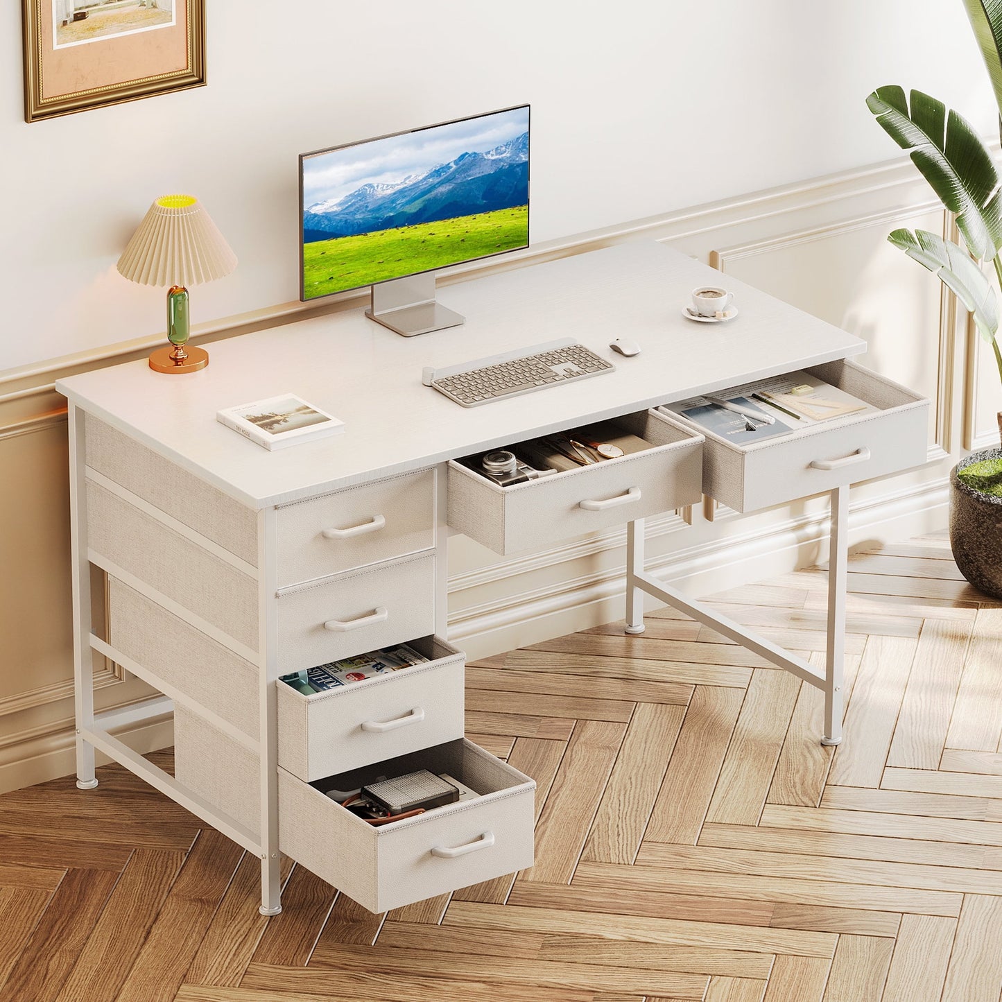 Casacomoda  40" Home Office Desk with 6 Drawers, Modern Computer Desk with Small Space, Corner Computer Desk, Pure White