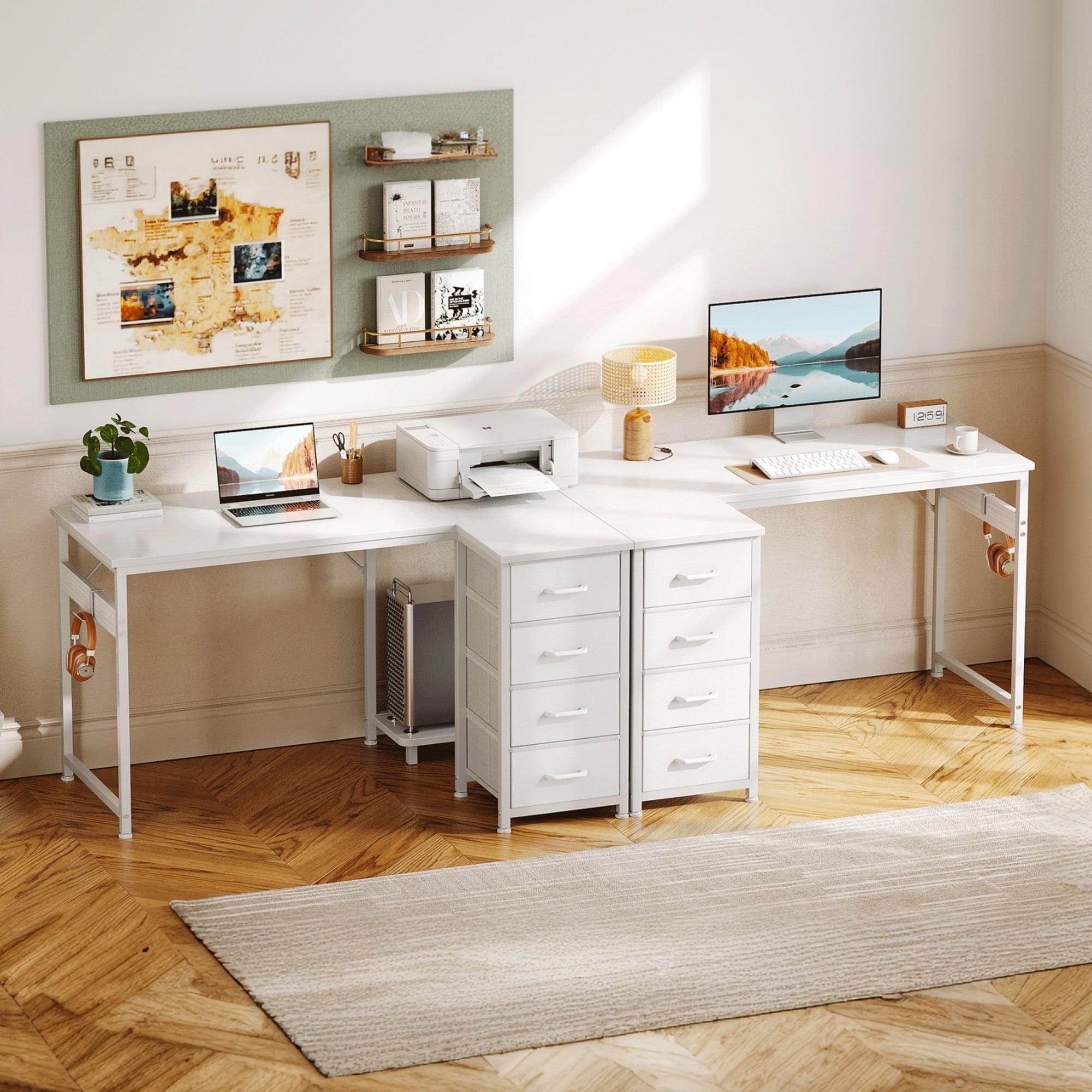 48 inch Computer Desk with 4 Fabric Drawers — Home Office Desks with Storage, Writing Desk with Side Hook, Kids Desk Study/Work Table for Bedroom and Small Space, White