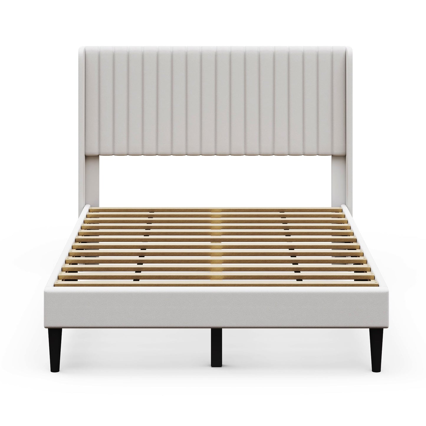 Sofanext Queen Wingback Platform Bed Frame with Tall Velvet Upholstered Headboard, Wood Slat Support, No Box Spring, Noise-Free, Cream White