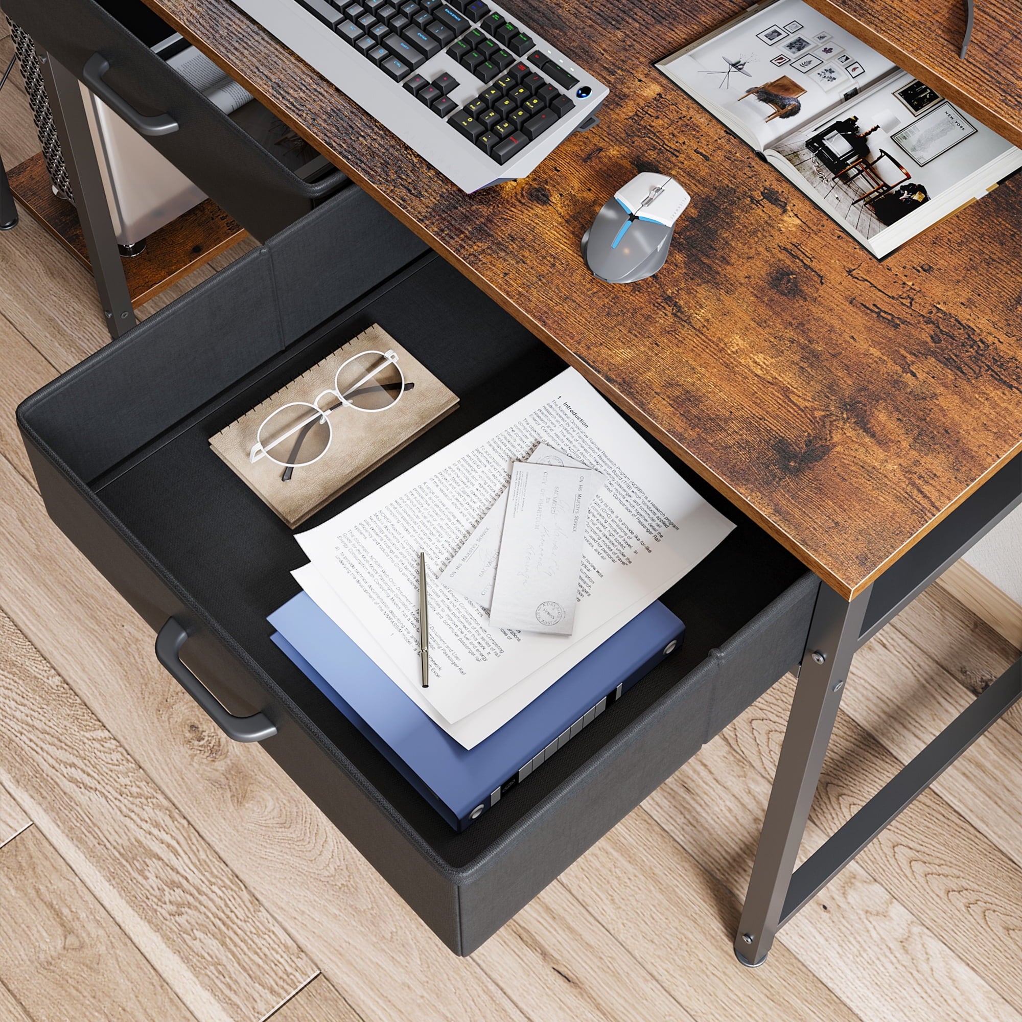 Computer Desk with Drawers and Storage Shelves, 48 inch Home Office Desk with Monitor Stand, Work Study PC Desk for Small Spaces, Rustic Brown