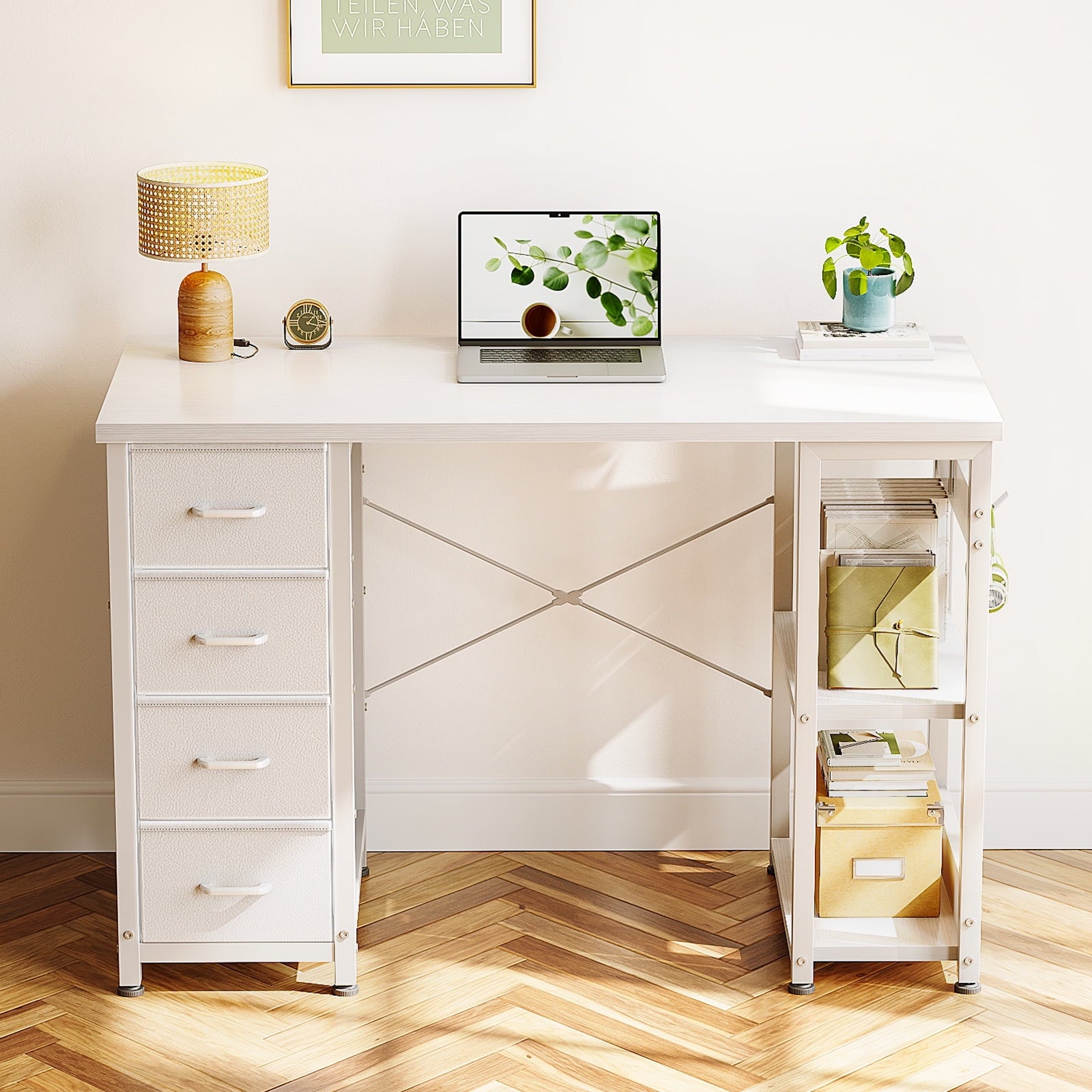 White Computer Desk with Drawers & Storage Shelves, 40 Inch Corner Desk for Home Office Bedroom, Small Teen PC Desks with Fabric Drawer, White