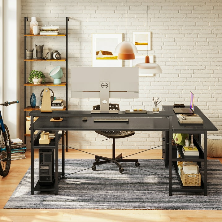 61 inch L Shaped Gaming Desk with LED Lights & Power Outlets, Corner Desk with Drawers, Computer Desk with Adjustable Heights Monitor Stand, Gaming Table with Hooks, Black