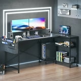 55 inch Large Office Desk with Storage Shelve, Gaming Table with Power Outlets for Large Spaces, Black Carbon