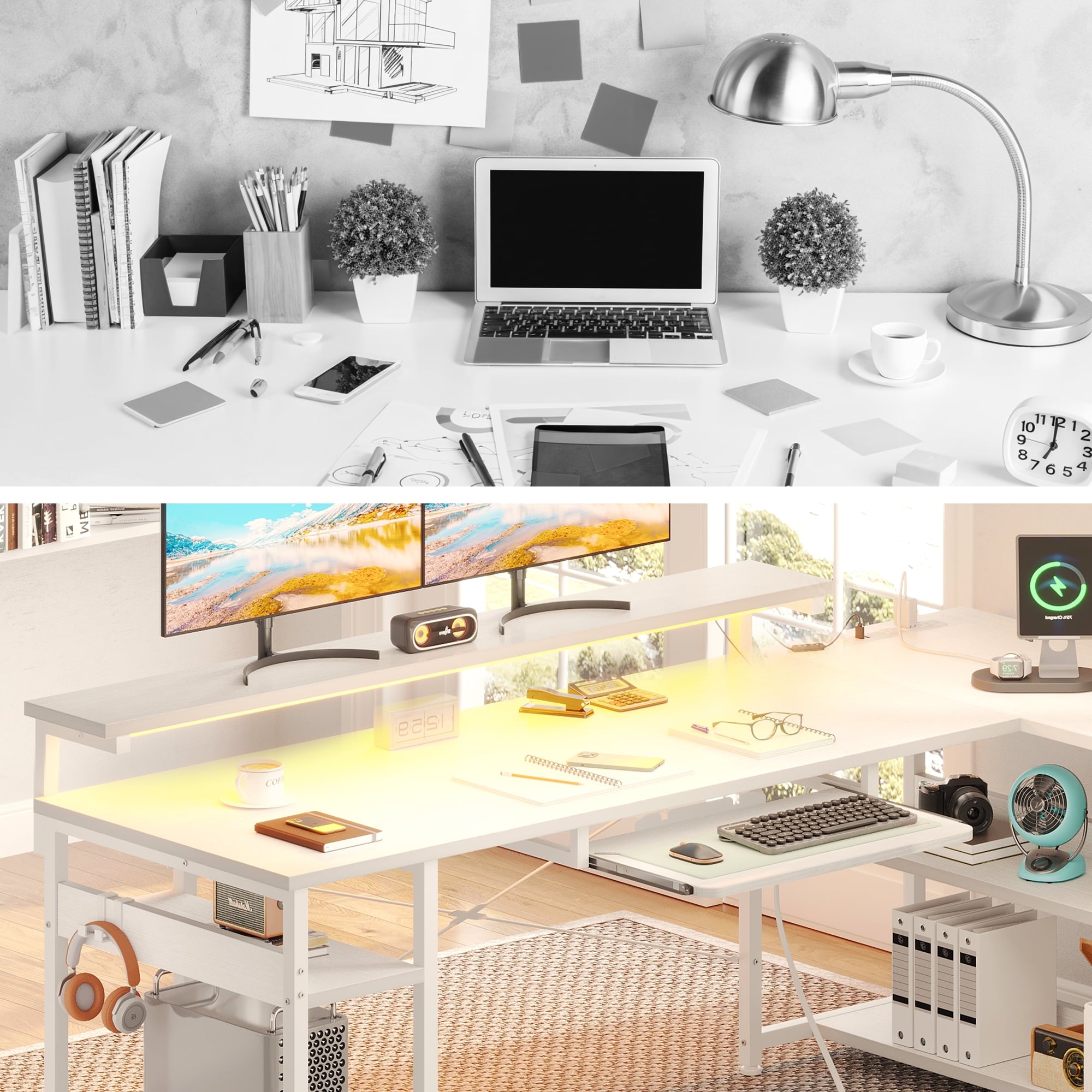 Sofanext 61 inch L Shaped Gaming Desk with 4 Drawers & Power Outlets, Home Office Desk with Adjustable Heights Monitor Stand & Keyboard Tray, Computer Desk with LED Light, Pure White