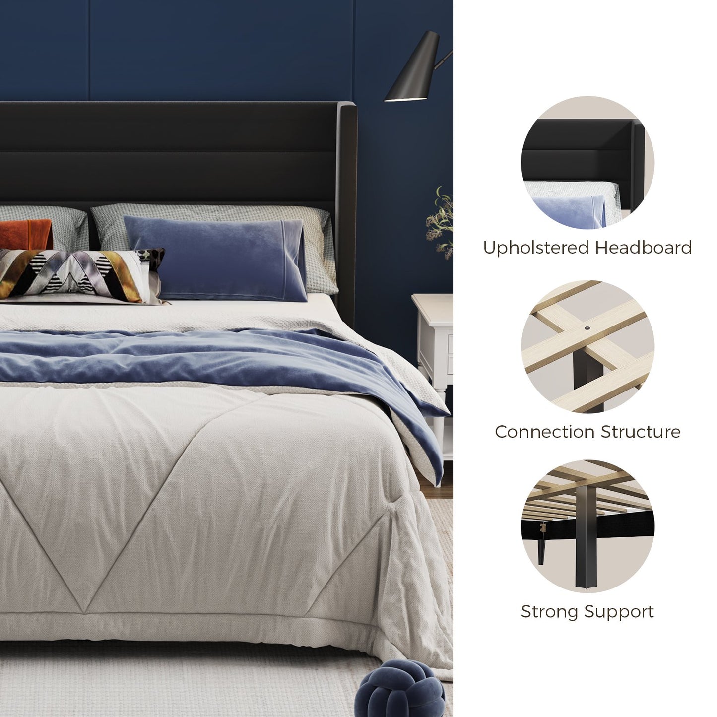 Sofanext Queen Bed Frame with Headboard, Upholstered Platform Bed Frame Queen, Wood Slat Support, No Box Spring Needed, Noise-Free, Deep Black
