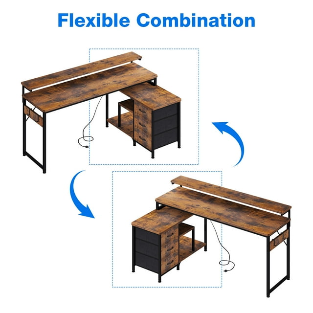 55 inch L Shaped Computer Desk with Drawers & Power Outlets, L-Shaped Gaming Desk with Removable File Cabinet, Reversible Corner Desk with Monitor Stand for Home Office Workstation, Rustic Brown