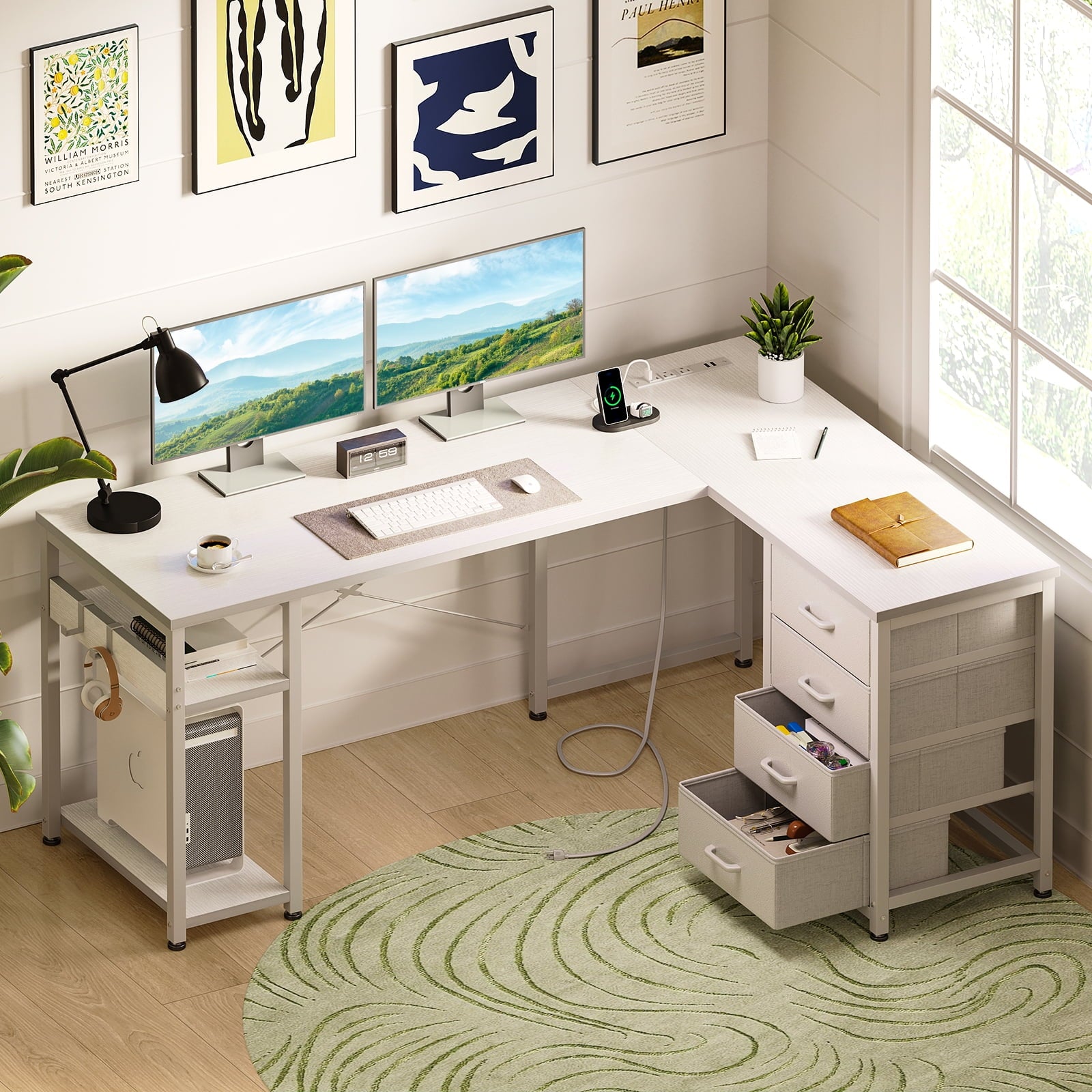 Sofanext Reversible Modern Simple Style L Shaped Desk with Charging Station and Drawers, Pure White