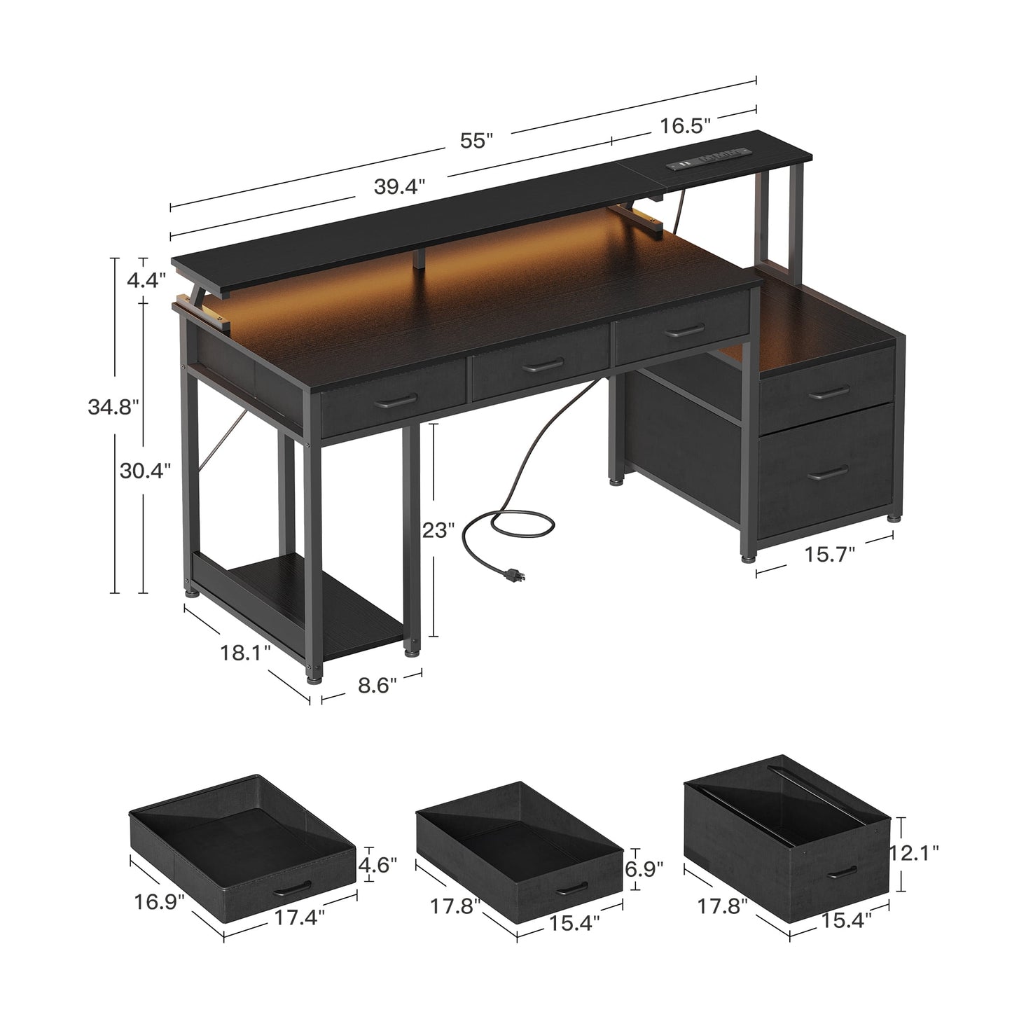 55 inch Computer Gaming Desk with LED Lights & Power Outlets, Home Office Desk with Storage Shelves & 5 Fabric Drawers, File Cabinet Monitor Stand, Black
