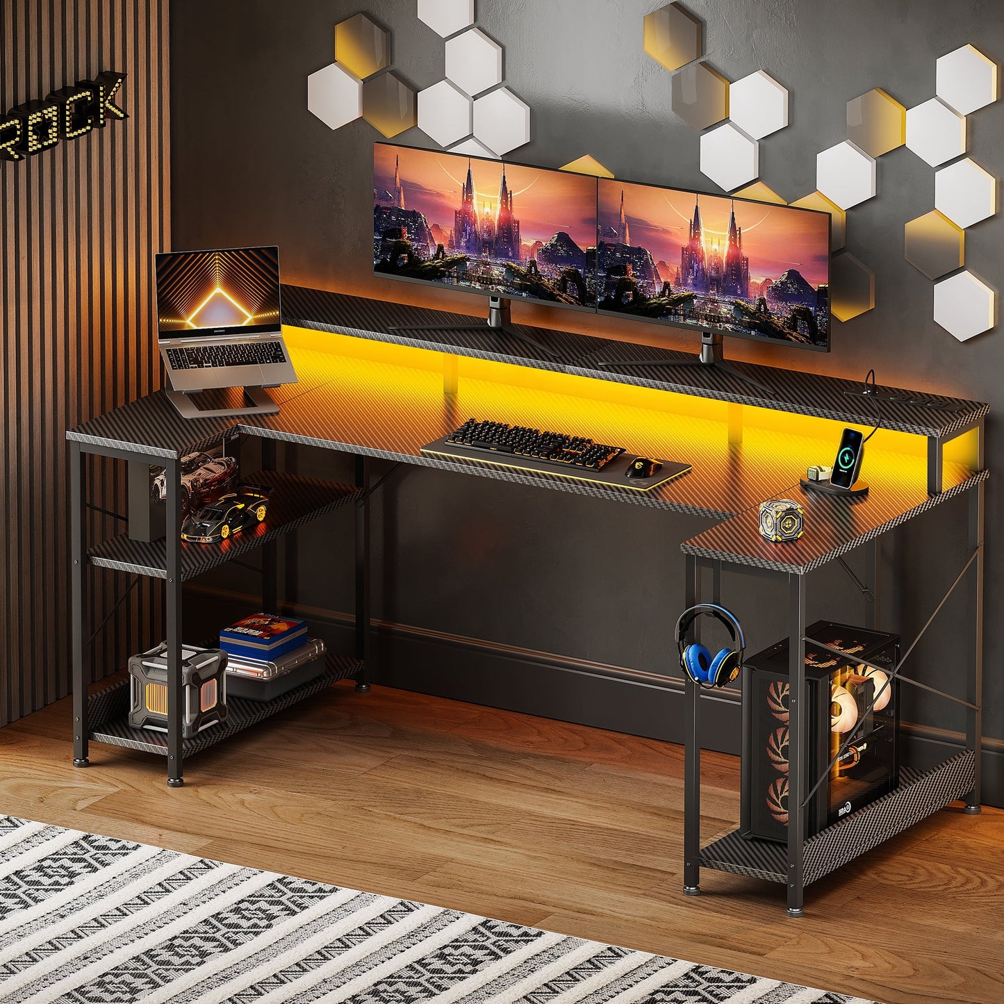 55 inch U Shaped Gaming Desk with Power Outlets & LED Light Strip, Home Office Desk with Storage Shelf, Suitable for Large Space, Gaming, Studying, Carbon Fiber Black