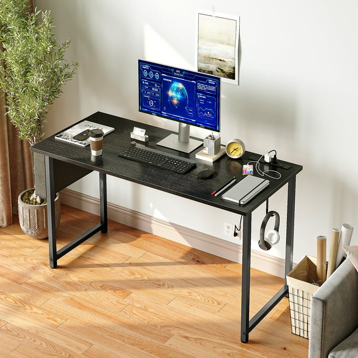 Sofanext 55 inch Computer Desk, Large Home Office Desk with Power Outlet, Student Desk with Storage Bag & Headphone Hook, Black