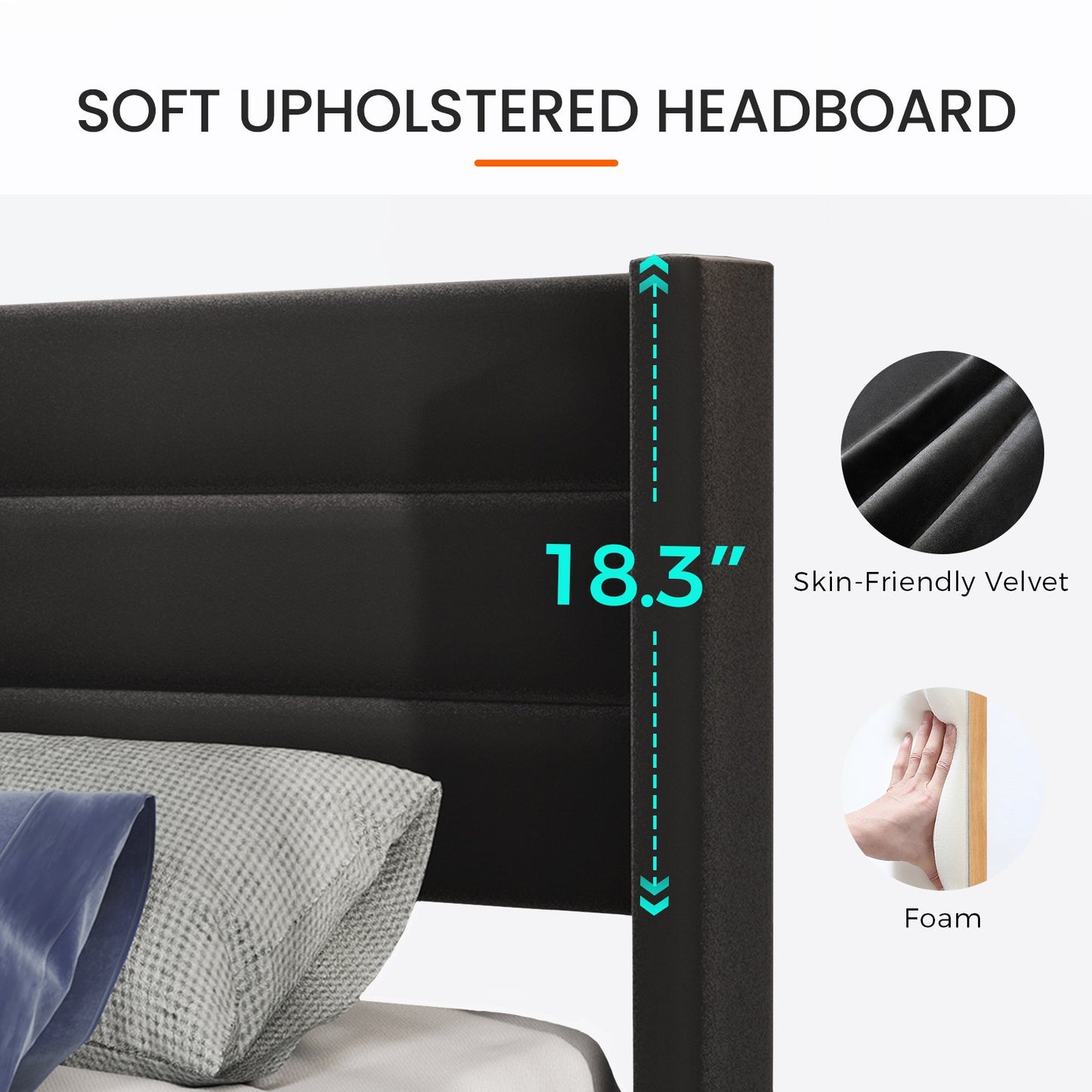 Sofanext Queen Bed Frame with Headboard, Upholstered Platform Bed Frame Queen, Wood Slat Support, No Box Spring Needed, Noise-Free, Deep Black