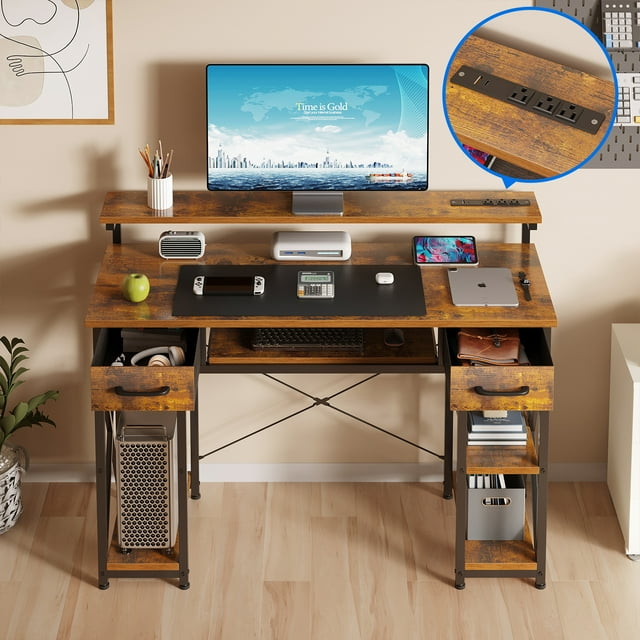 48 inch Office Desk with Adjustable Monitor Stand, Gaming Desk with Power Outlets, Modern Computer Desk with Drawers & Keyboard Tray for Home Office, Vintage