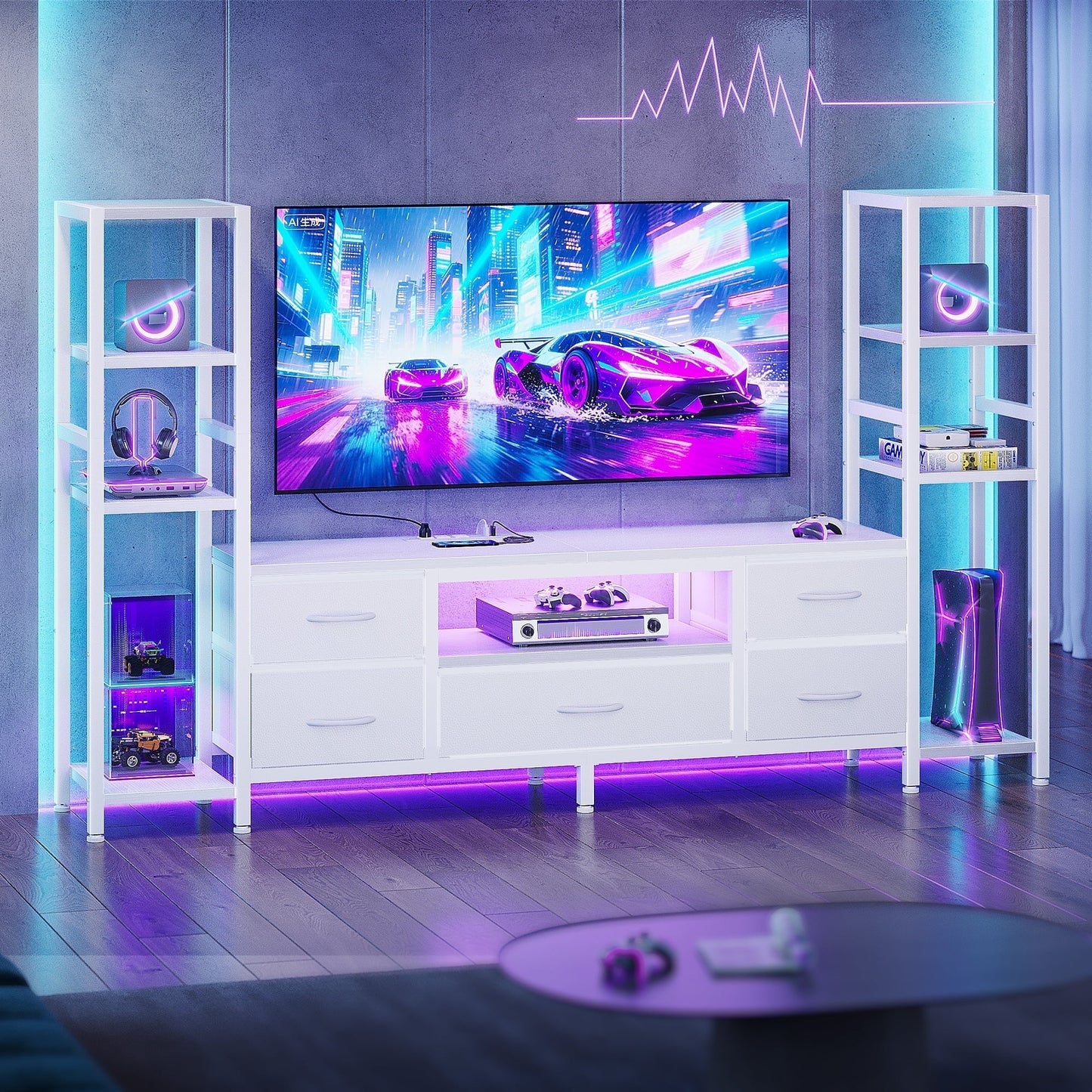 Sofanext 71" LED TV Stand with Power Outlets for 40/43/50 inch TV, Entertainment Center with 5 Fabric Drawers & Open Shelf Storage for Living Room/Bedroom, , White