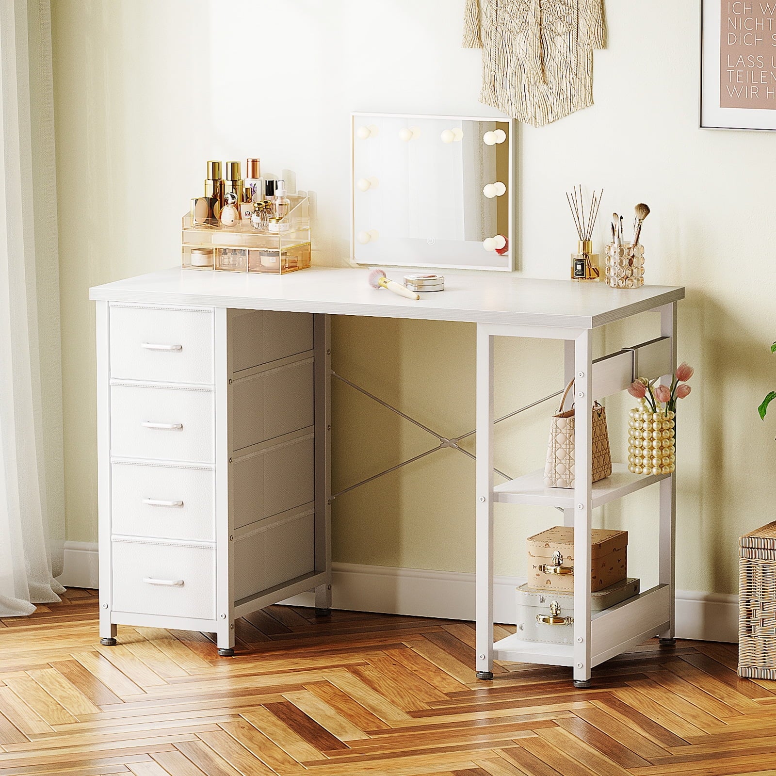 White Computer Desk with Drawers & Storage Shelves, 40 Inch Corner Desk for Home Office Bedroom, Small Teen PC Desks with Fabric Drawer, White