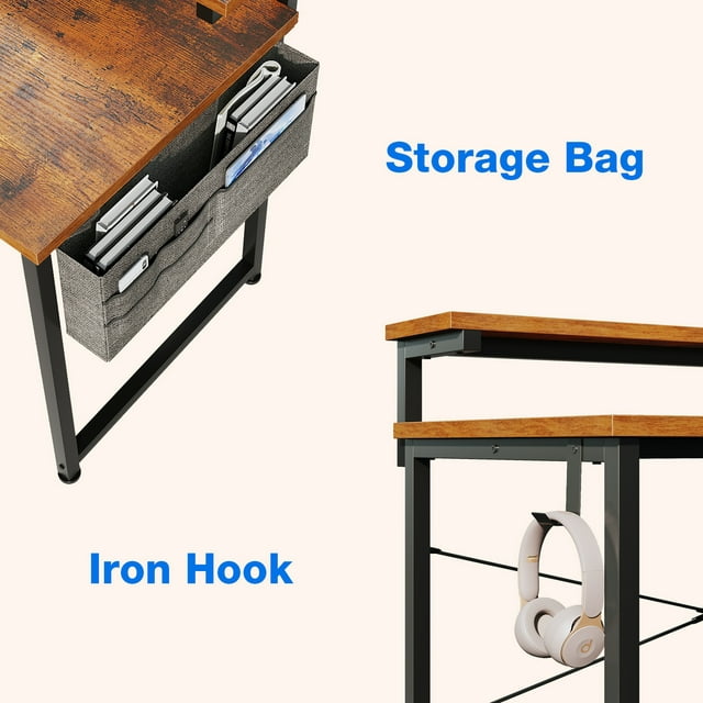 Computer Desk with Adjustable Monitor Stand(3.9”, 5.1”, 6.3”), 48 inch Home Office Desk with Storage Bag, Simple Modern Style Laptop Desk for Small Space, Vintage