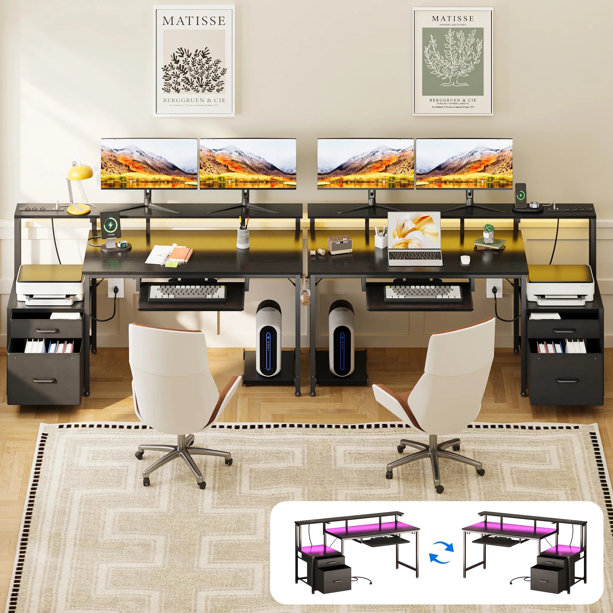 55 Inch Reversible Gaming Desk with Power Outlets and LED Light, Office Desk with File Cabinet & Drawer, Computer Desk with Keyboard Tray and Full Monitor Riser and PC Stand, Study Table, Black