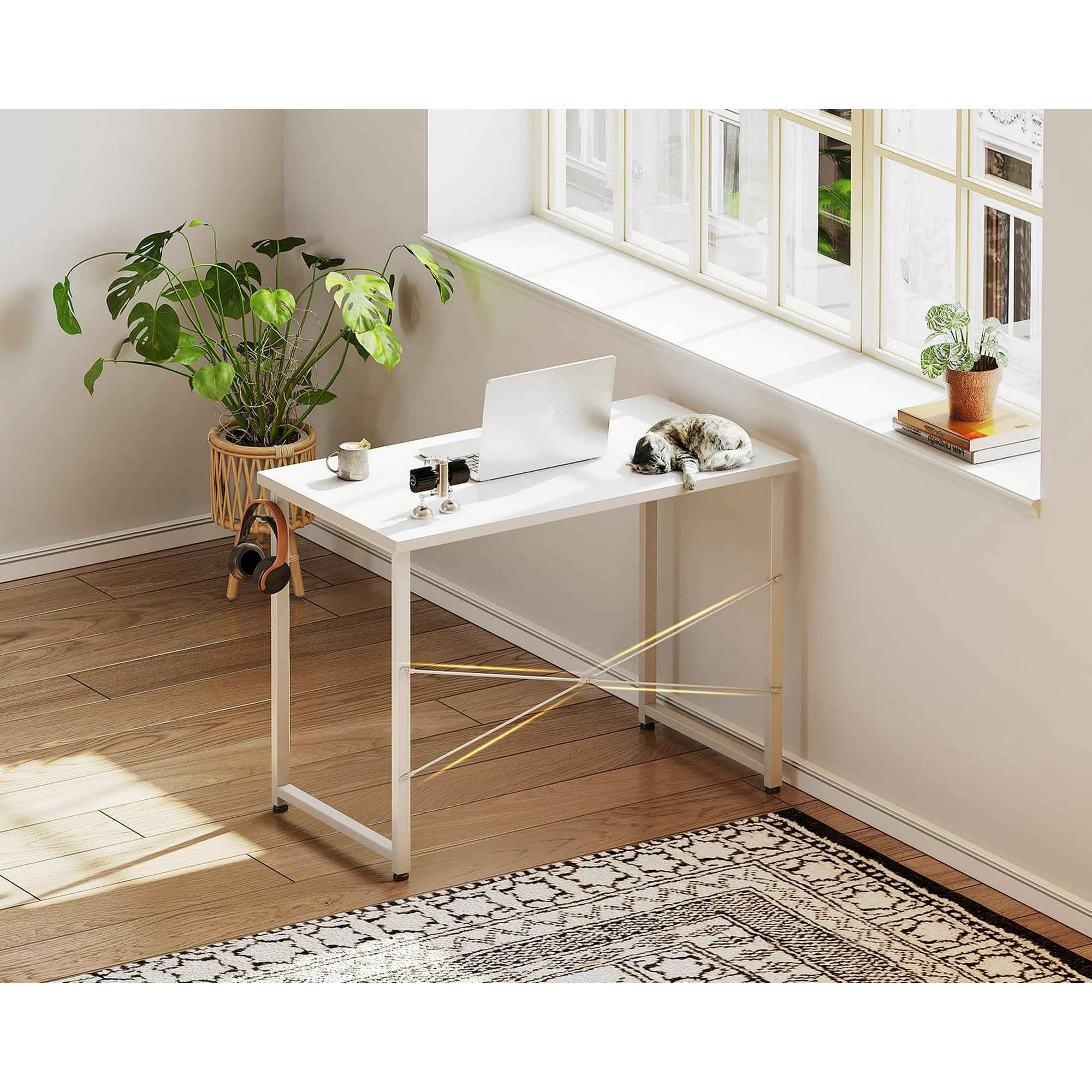 Sofanext 32 Inch Small Home Office Computer Desk, Student Writing Table for Small Spaces, Simple Modern Desk with Headphone Hooks, White