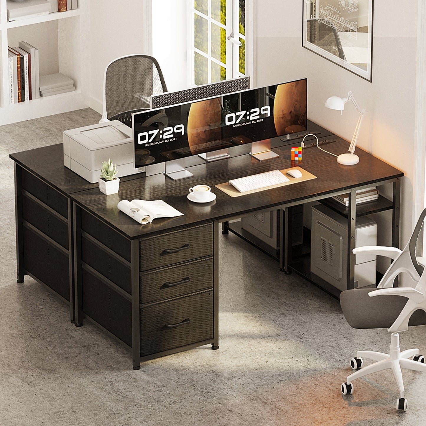 51 Inch Computer Desk with File Drawers & USB Power Outlets- Reversible Home Office Desk with Storage Shelves, Work from Home, Writing Table for Bedroom, Black