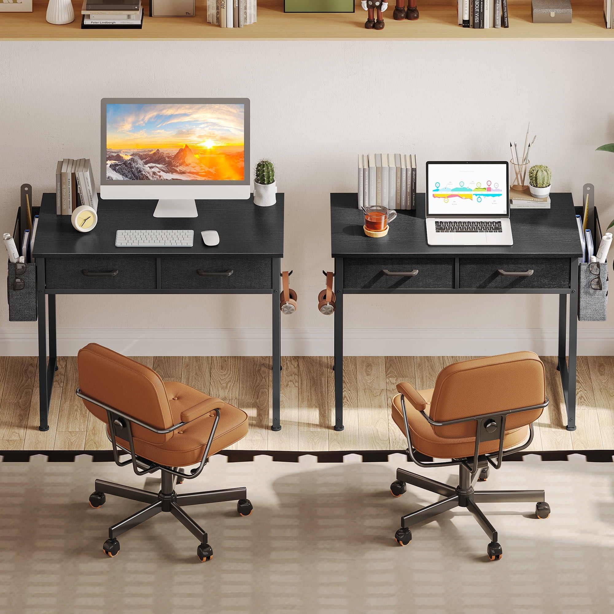 32 Inch Black Writing Desk with 2 Fabric Drawers & Storage Bag, Modern Study Table with Storage for Student/Kids, Small Computer Desk for Small Space, Home Office Desk