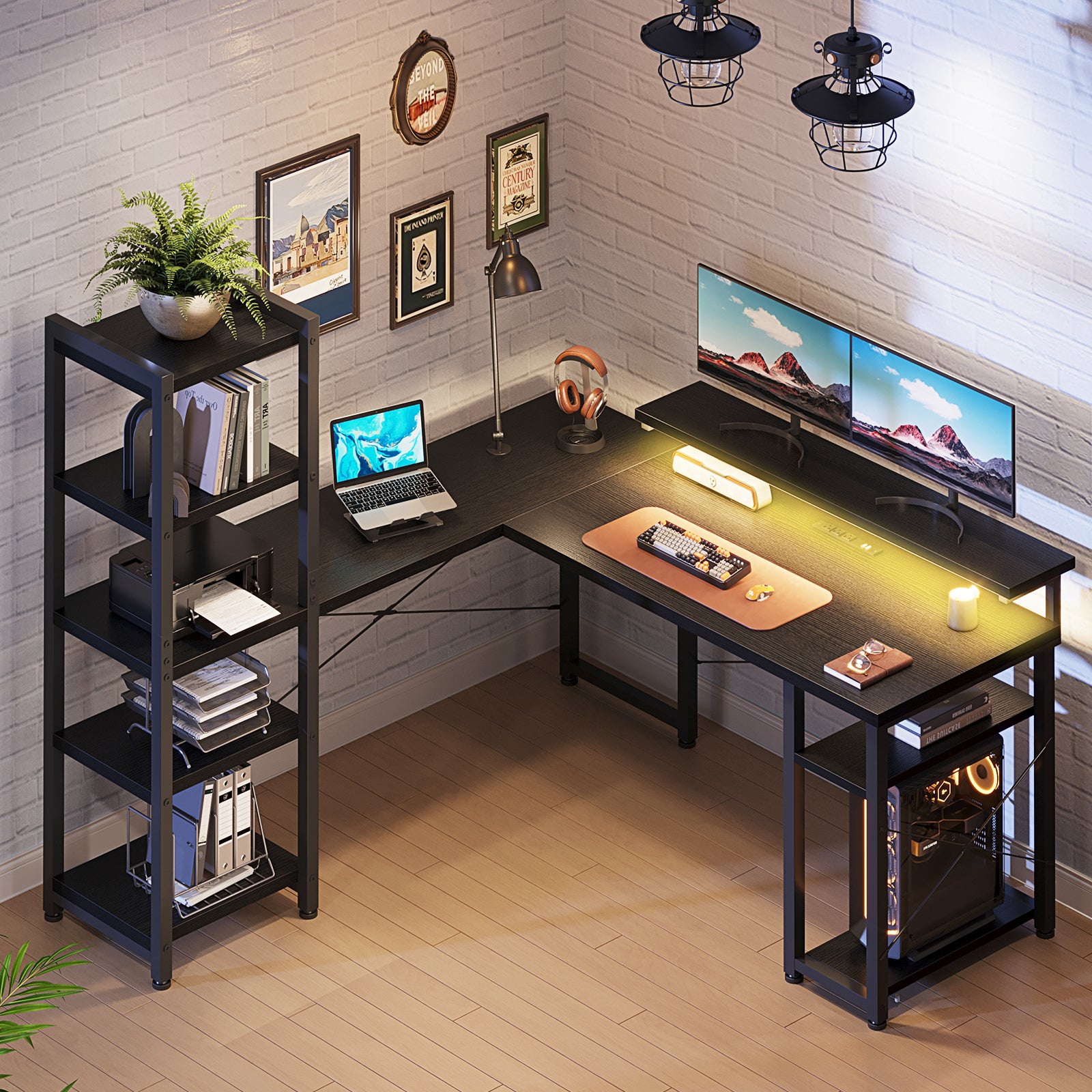 53 inch Reversible L Shaped Corner Desk with Power Outlets & Bookshelf for Home Office, Modern Gaming Desk with LED Lights for Bedroom, Black