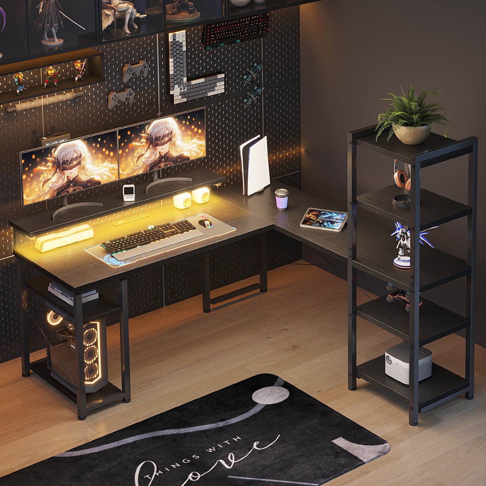 53 inch Reversible L Shaped Corner Desk with Power Outlets & Bookshelf for Home Office, Modern Gaming Desk with LED Lights for Bedroom, Black