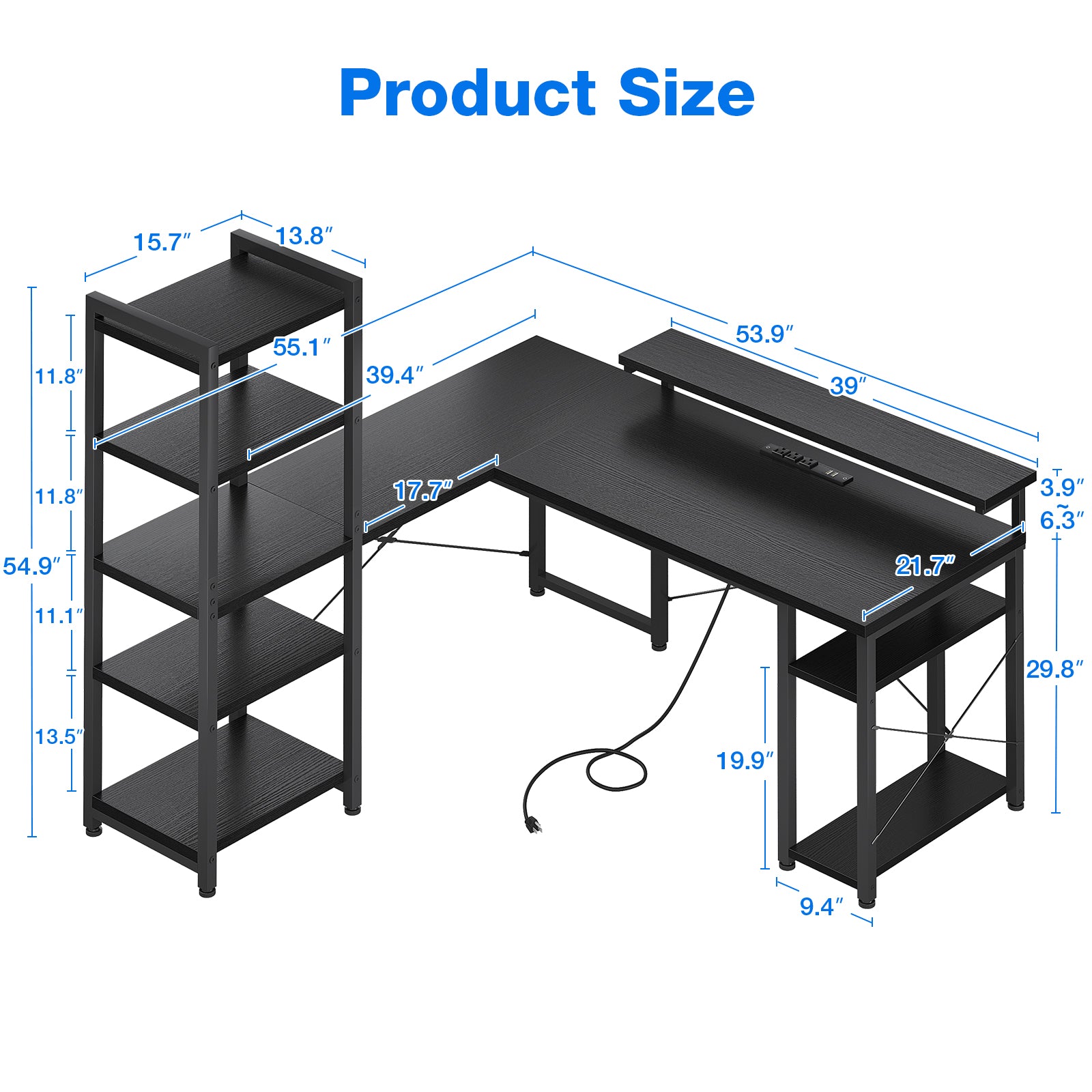 53 inch Reversible L Shaped Corner Desk with Power Outlets & Bookshelf for Home Office, Modern Gaming Desk with LED Lights for Bedroom, Black