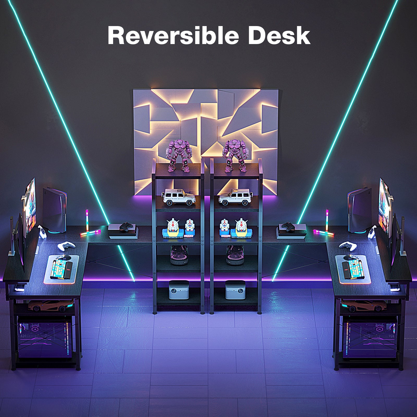 53 inch Reversible L Shaped Corner Desk with Power Outlets & Bookshelf for Home Office, Modern Gaming Desk with LED Lights for Bedroom, Black
