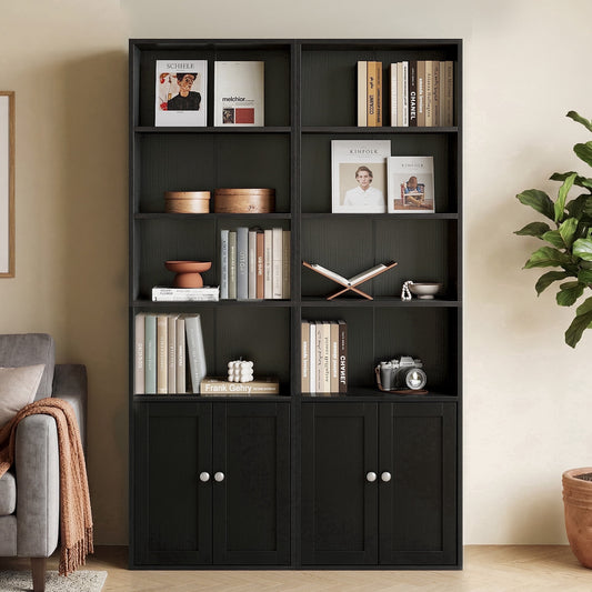 Sofanext 6-Tier Bookcase Set of 2 with Cabinet, Modern Bookshelf for Home Office, Living Room or Bedroom, Easy Assembly & Stable Structure, Black