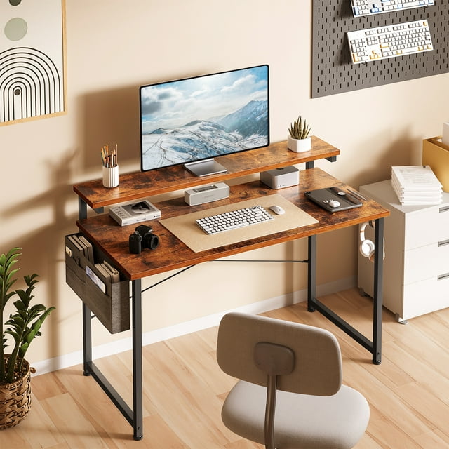 Computer Desk with Adjustable Monitor Stand(3.9”, 5.1”, 6.3”), 48 inch Home Office Desk with Storage Bag, Simple Modern Style Laptop Desk for Small Space, Vintage