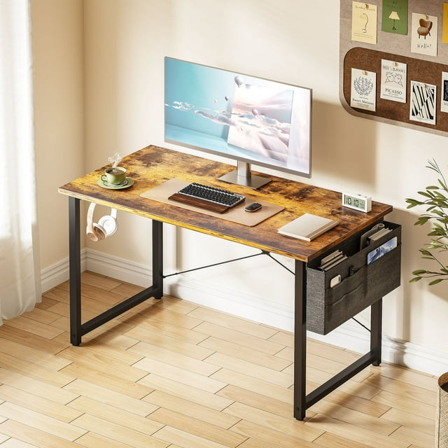 Computer Writing Desk 40 inch, Sturdy Home Office Table, Work Desk with a Storage Bag and Headphone Hook, Vintage