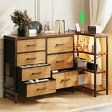 Corner Storage Cabinet with Drawers and Shelves, Dresser for Bedroom with LED Lights & Charging Station, Reversible L Shape Corner TV Stand, Black