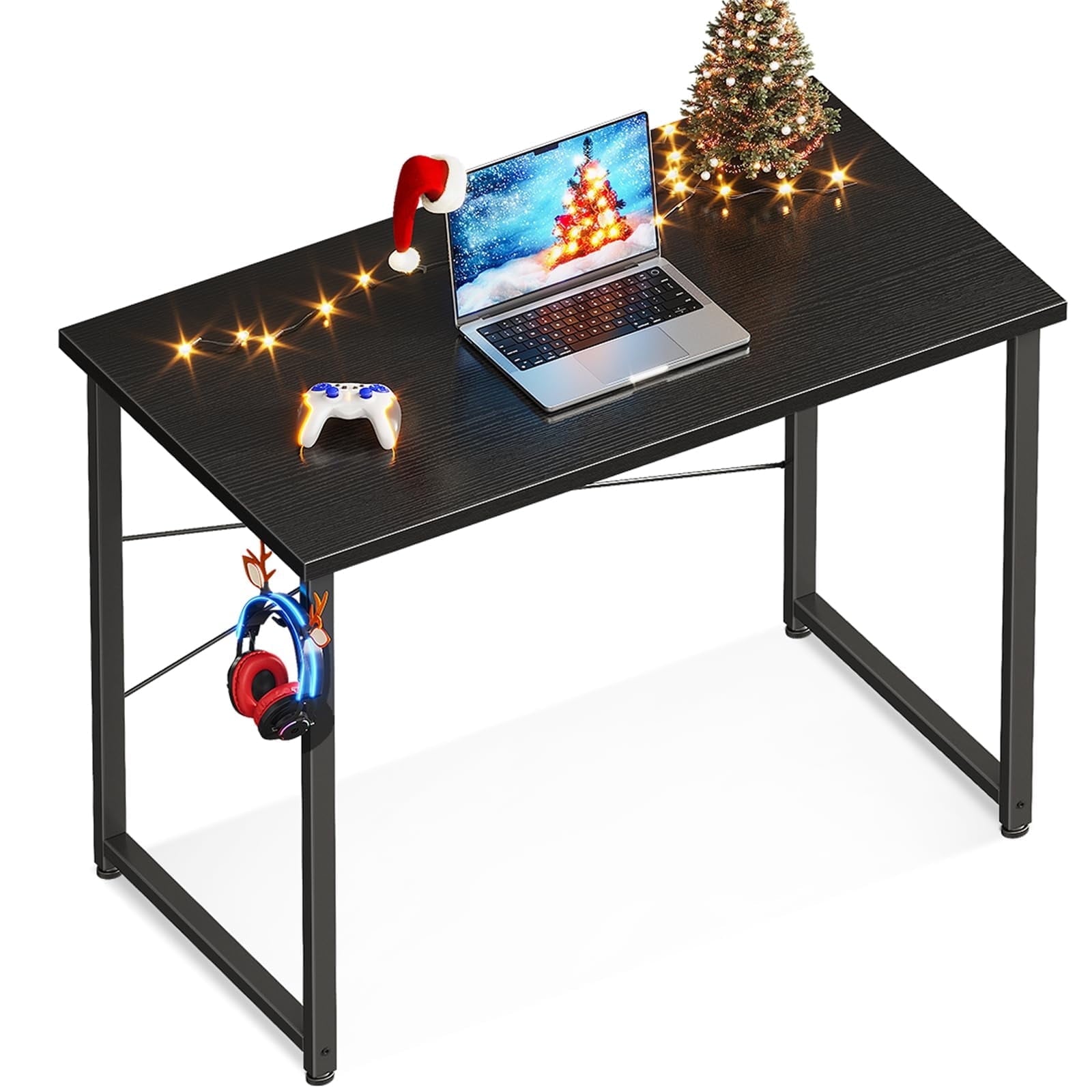 Sofanext 32 inch Small Home Office Computer Desk, Student Writing Table for Small Spaces, Simple Modern Desk with Headphone Hooks, Black