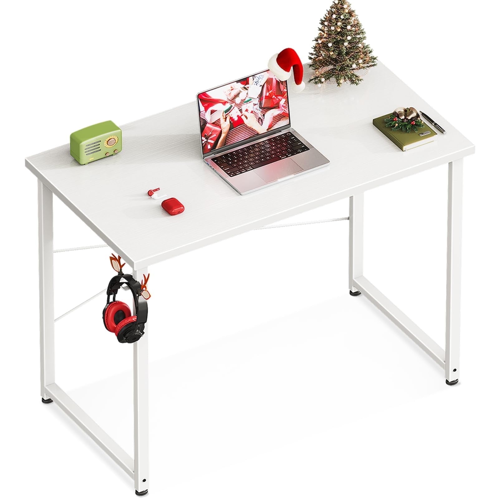 Sofanext 32 Inch Small Home Office Computer Desk, Student Writing Table for Small Spaces, Simple Modern Desk with Headphone Hooks, White