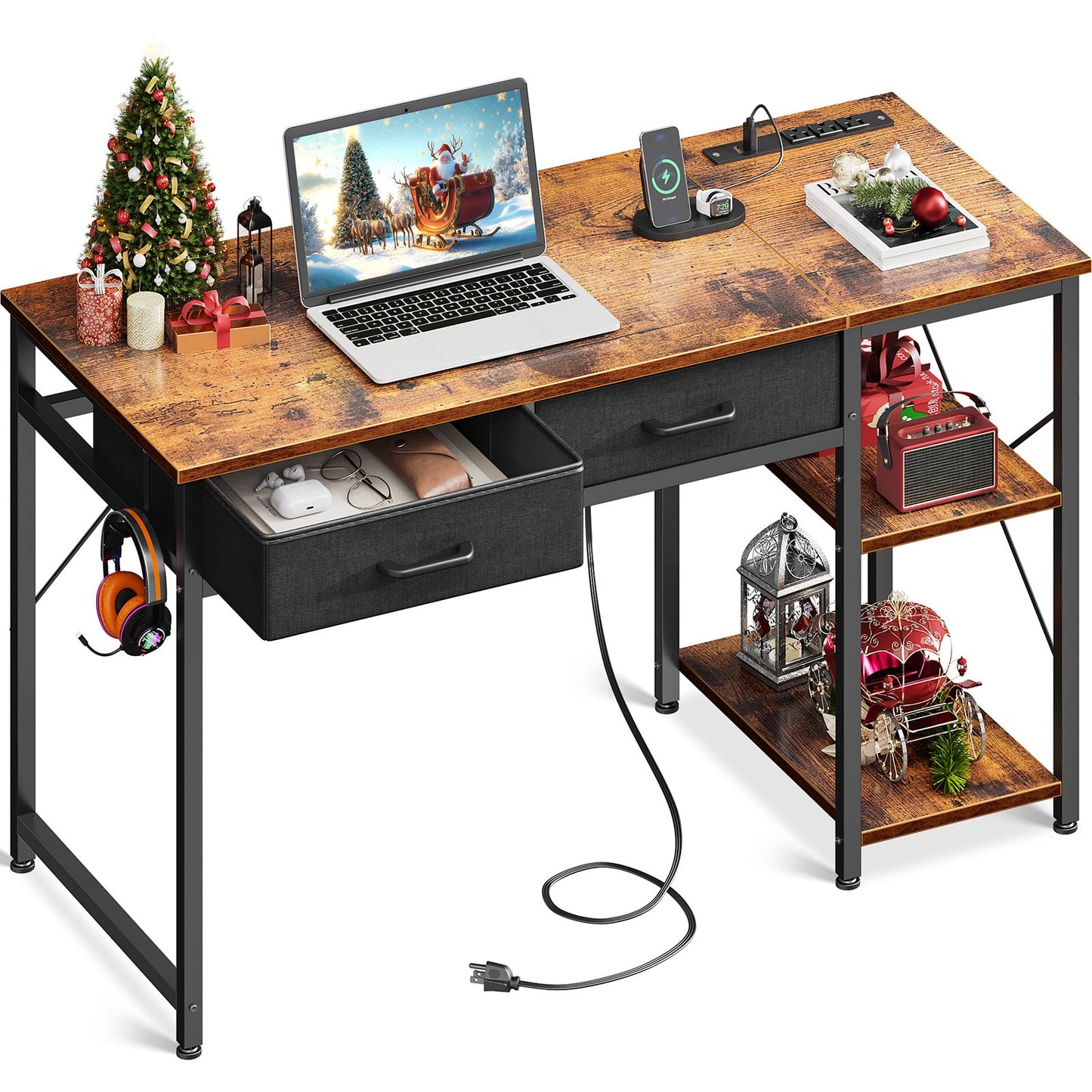 KKL 40 Inch Small Computer Desk with Storage Shelf, Home Office Desk with 2 Drawers, Writing Table with Power Outlets for Small Space, Vintage