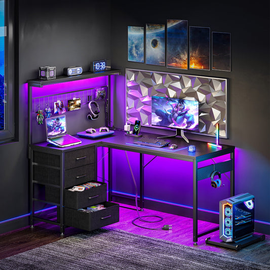 Sofanext 43 inch L Shaped Desk with 4 Storage Drawers, Reversible L Shaped Gaming Desk with Power Outlets & LED Lights, Computer Desk with Movable CPU Stand & Hutch for Home Office, Black