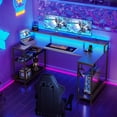 48 inch U Shaped Gaming Desk with Power Outlets & LED Light Strip, Home Office Desk with Storage Shelf, Suitable for Large Space, Gaming, Studying, Carbon Fiber Black