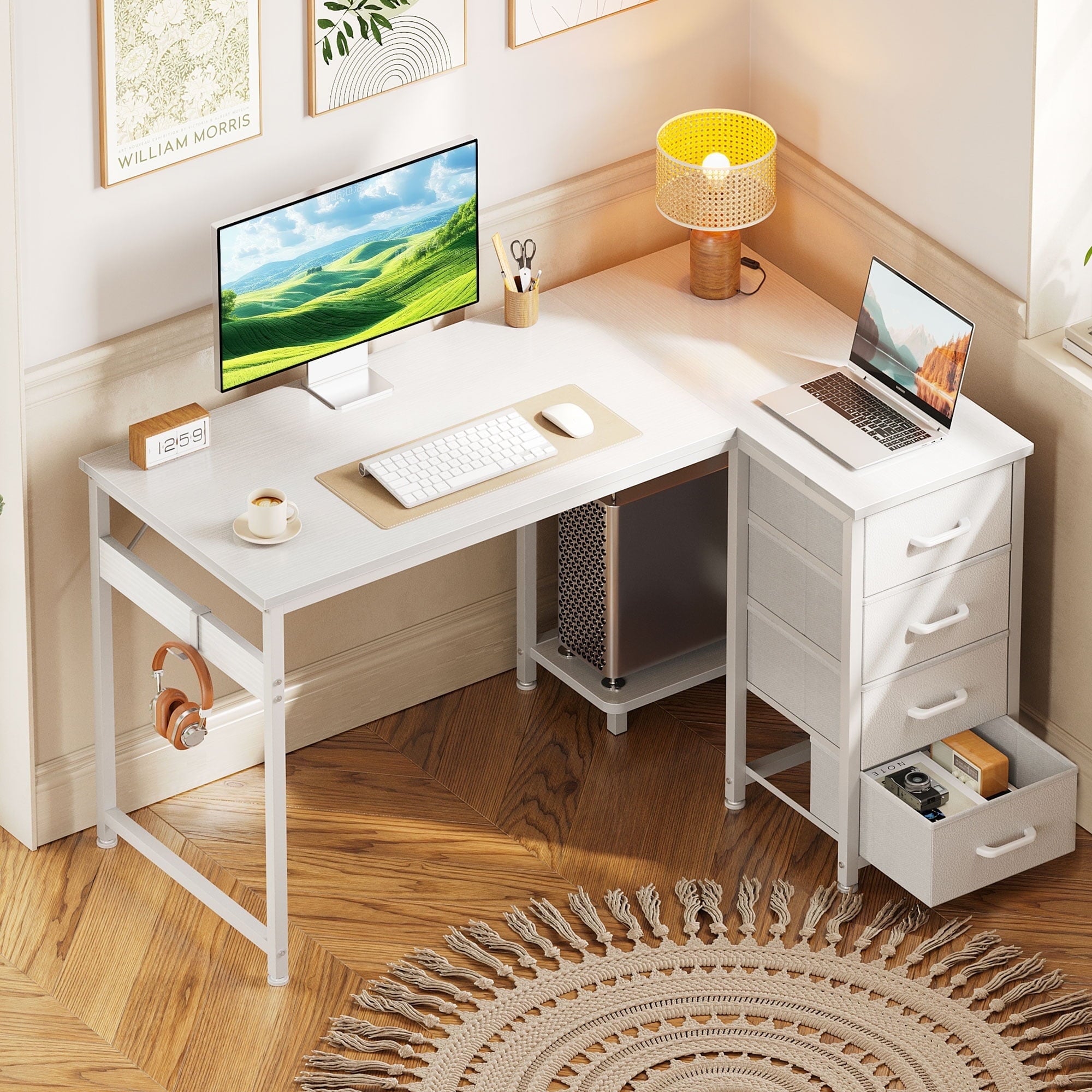 48 inch Computer Desk with 4 Fabric Drawers — Home Office Desks with Storage, Writing Desk with Side Hook, Kids Desk Study/Work Table for Bedroom and Small Space, White