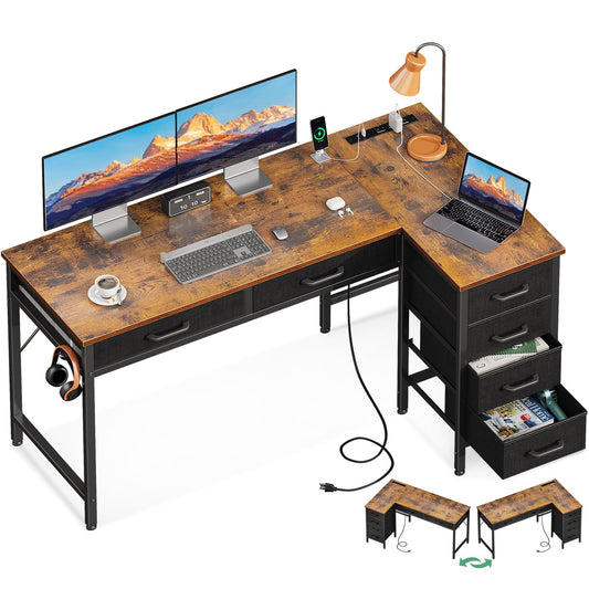 KKL 50 Inch Computer Desk with USB Ports & Power Outlets, L Shaped Corner Desk with 6 Fabric Drawers, Perfect for Home Office, Vintage