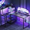 Sofanext 53" Gaming Desk with Hutch, Reversible L-Shaped Desk with LED Light, USB Ports & Power Outlets, Home Office Desk with CPU Stand, Carbon Fiber Black
