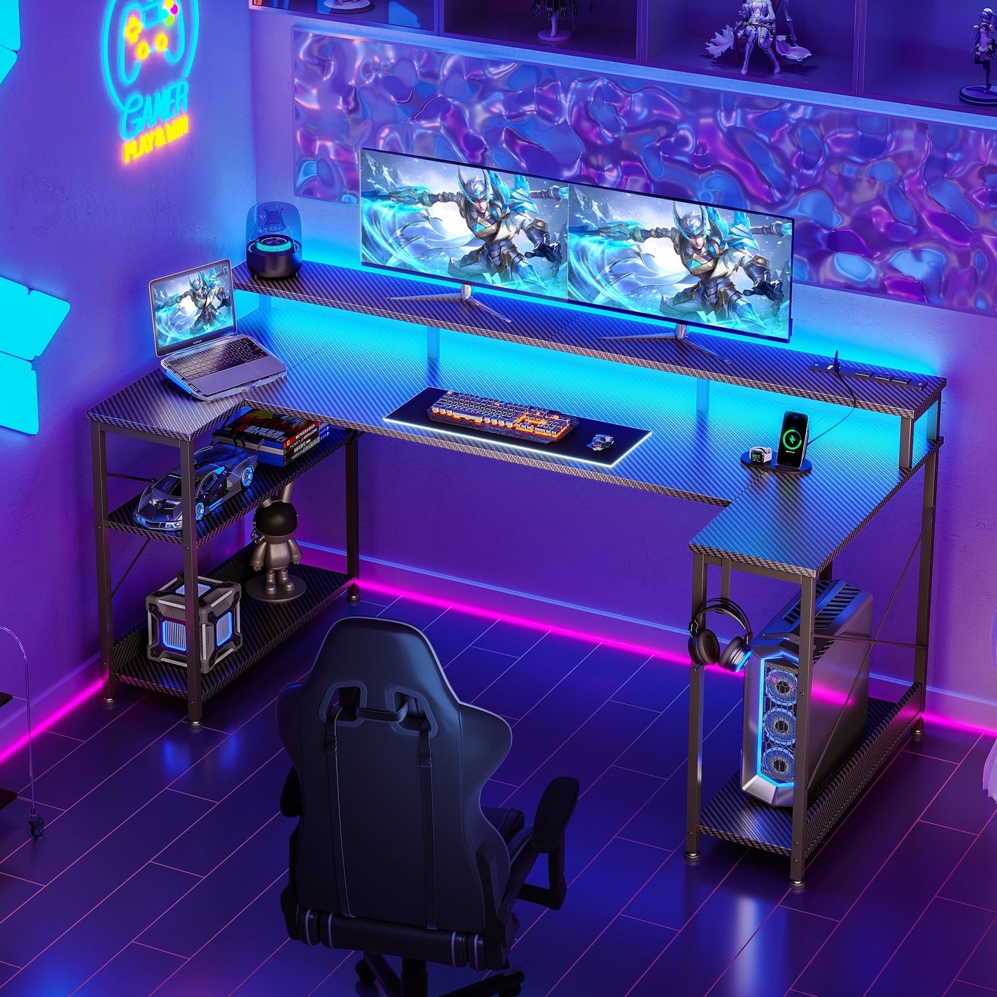 55 inch U Shaped Gaming Desk with Power Outlets & LED Light Strip, Home Office Desk with Storage Shelf, Suitable for Large Space, Gaming, Studying, Carbon Fiber Black