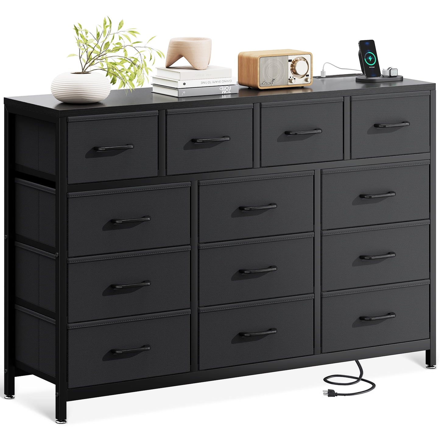 Casacomoda Dresser with Charging Station, 55-Inch Long Dressers for Bedroom, Large Dressers TV Stand with 13 Storage Drawers, Fabric Dresser Chest of Drawers, Black