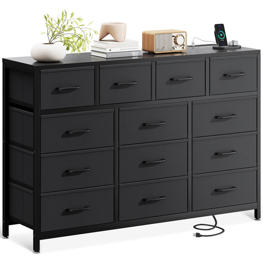 Casacomoda Dresser with Charging Station, 55-Inch Long Dressers for Bedroom, Large Dressers TV Stand with 13 Storage Drawers, Fabric Dresser Chest of Drawers, Black